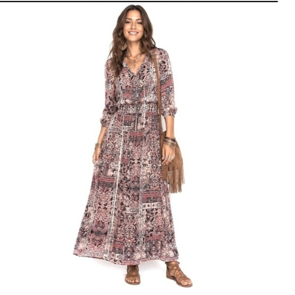 Boston Proper Maxi Dress 6 Brown Paisley Patchwork Lace Up Smocked Waist Boho
